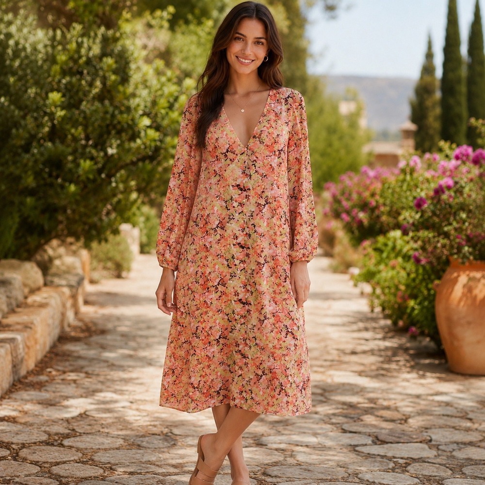 Pretty‎ Lavish Cottagecore Floral Button Front Midi/Maxi Dress Long Sleeve NEW